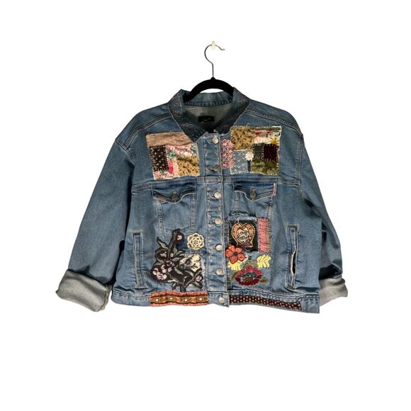 Express Altered Hand Embroidered Upcycled Patched Denim Jacket - Picture 13 of 15